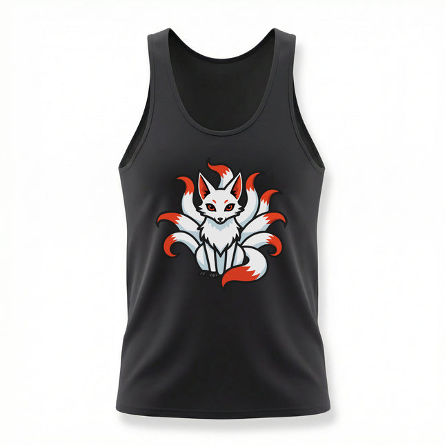 Mythical Kitsune nine-tailed fox graphic print in red and white.