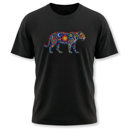 Cosmic jaguar graphic tee in vibrant Huichol Mexican folk art style.