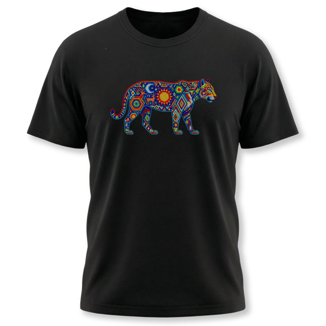 Cosmic jaguar graphic tee in vibrant Huichol Mexican folk art style.