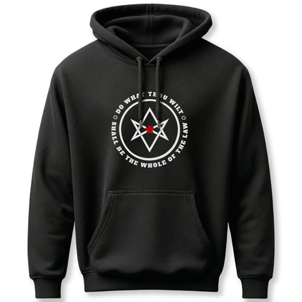 Black occult hoodie featuring the hexagram and "Do what thou wilt" law text.