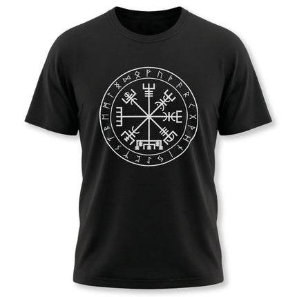 Black unisex tee featuring the Vegvisir runic compass, a Norse wayfinder symbol.