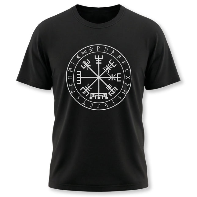Black unisex tee featuring the Vegvisir runic compass, a Norse wayfinder symbol.