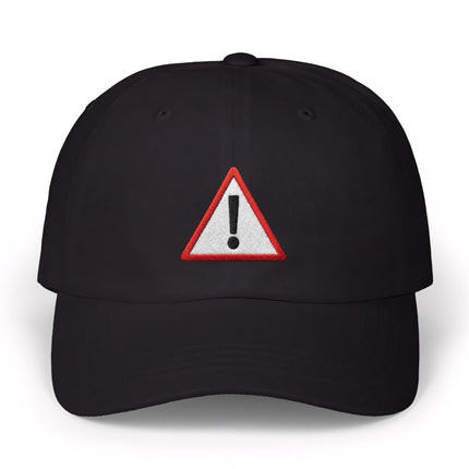 Black baseball cap with embroidered red warning triangle and exclamation mark symbol.