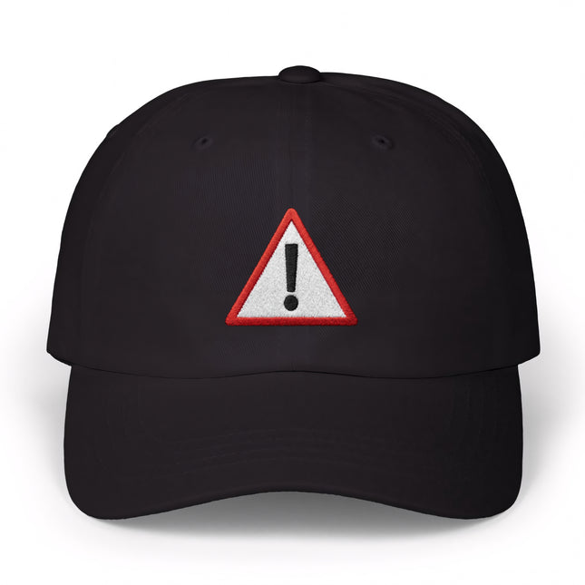 Black baseball cap with embroidered red warning triangle and exclamation mark symbol.