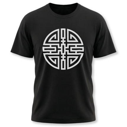 Black graphic tee featuring the white Chinese Cai symbol, representing wealth and good fortune.