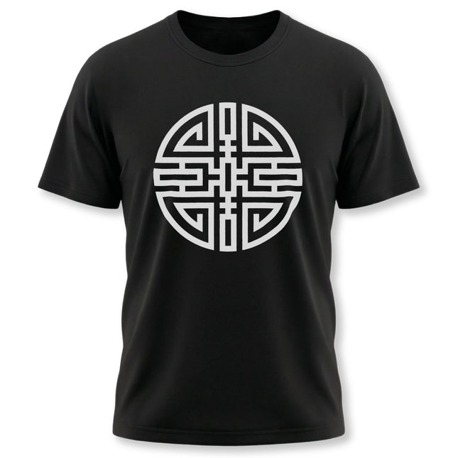 Black graphic tee featuring the white Chinese Cai symbol, representing wealth and good fortune.