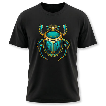 Scarab beetle graphic t-shirt design inspired by Ancient Egyptian mythology and Khepri symbolism.