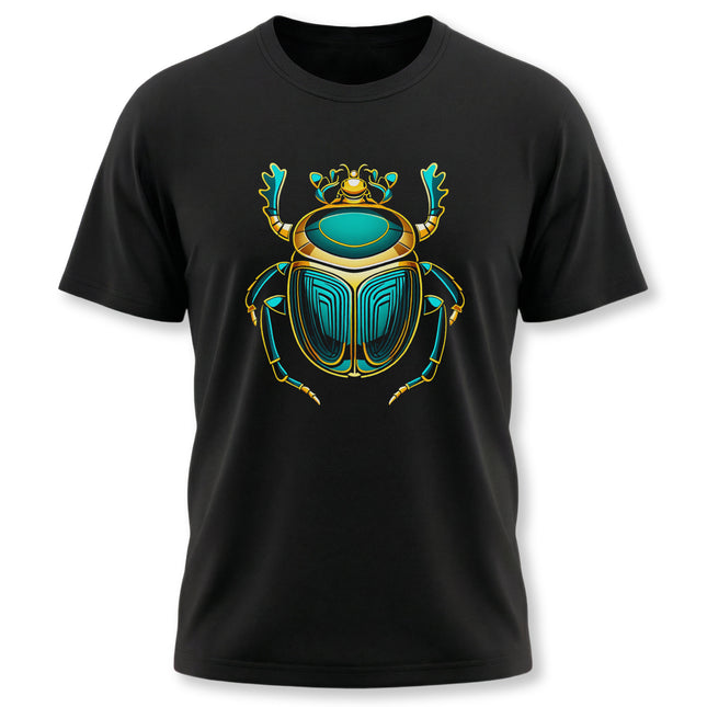 Scarab beetle graphic t-shirt design inspired by Ancient Egyptian mythology and Khepri symbolism.