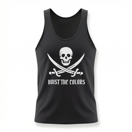 Black tank top featuring a pirate skull and crossed swords graphic with "Hoist The Colors" text.