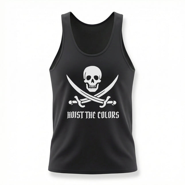 Black tank top featuring a pirate skull and crossed swords graphic with "Hoist The Colors" text.
