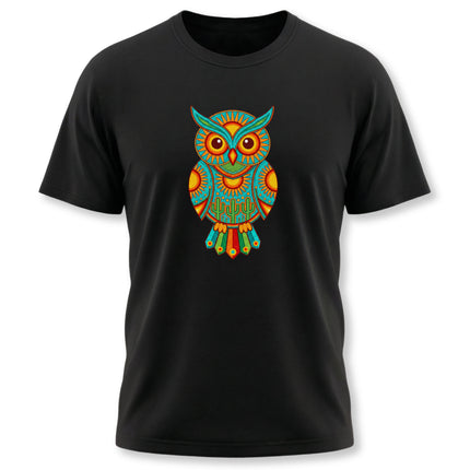 Mexican folk art owl graphic tee in vibrant Huichol style, featuring bohemian desert motifs.