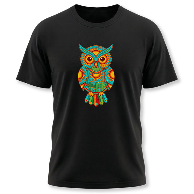 Mexican folk art owl graphic tee in vibrant Huichol style, featuring bohemian desert motifs.