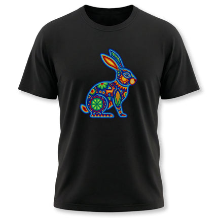 Vibrant Huichol-style rabbit graphic tee featuring Mexican folk art patterns.