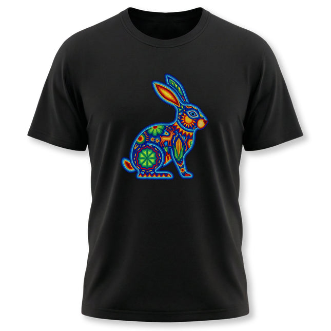 Vibrant Huichol-style rabbit graphic tee featuring Mexican folk art patterns.