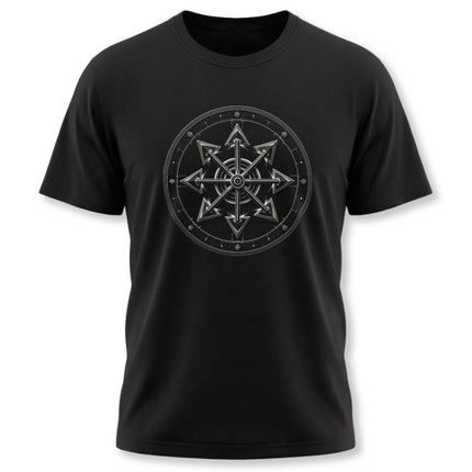Black t-shirt featuring a detailed geometric chaos star occult symbol graphic design.