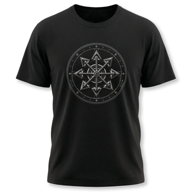 Black t-shirt featuring a detailed geometric chaos star occult symbol graphic design.