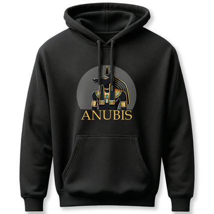 Anubis Egyptian god graphic on a black hoodie, featuring gold accents and the name ANUBIS.