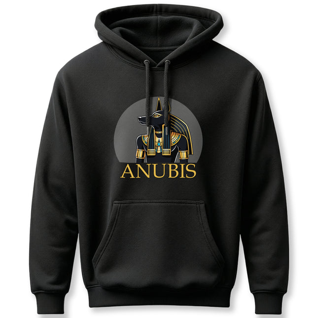 Anubis Egyptian god graphic on a black hoodie, featuring gold accents and the name ANUBIS.