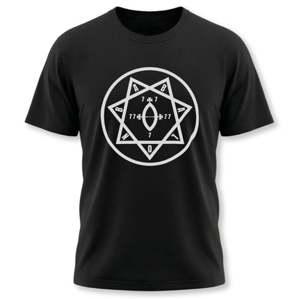 Thelema Star of Babalon graphic tee featuring the occult heptagram symbol.