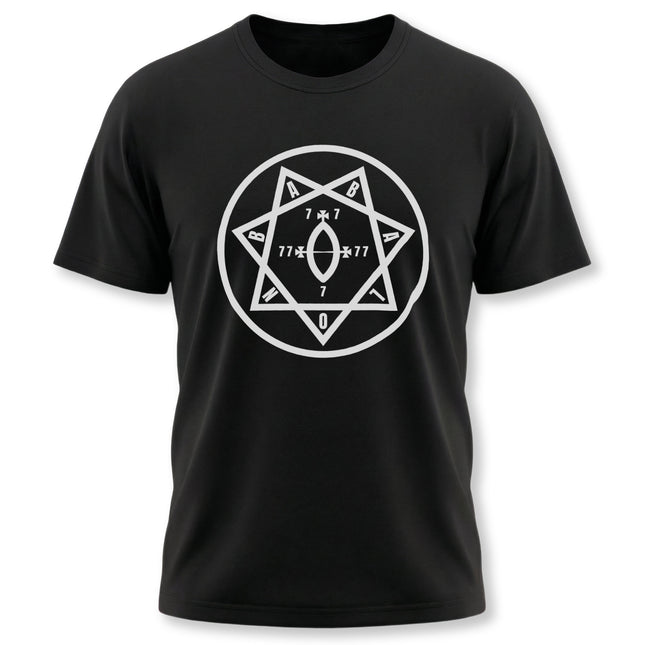 Thelema Star of Babalon graphic tee featuring the occult heptagram symbol.
