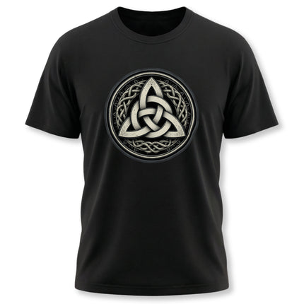 Black t-shirt featuring a detailed Celtic Triquetra knot symbol graphic design.