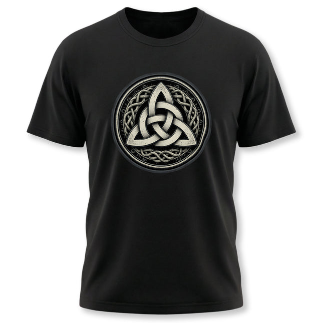 Black t-shirt featuring a detailed Celtic Triquetra knot symbol graphic design.