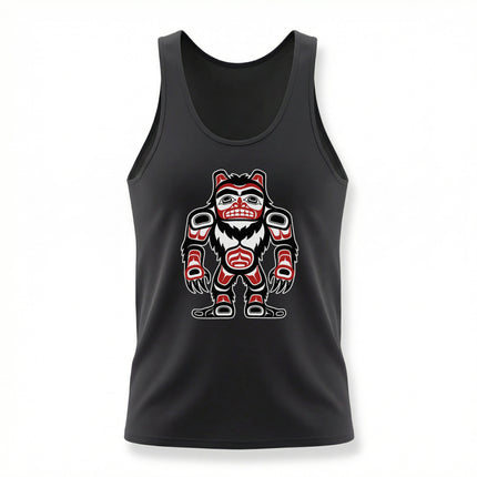 Formline art Sasquatch graphic in PNW style on a black tank top.