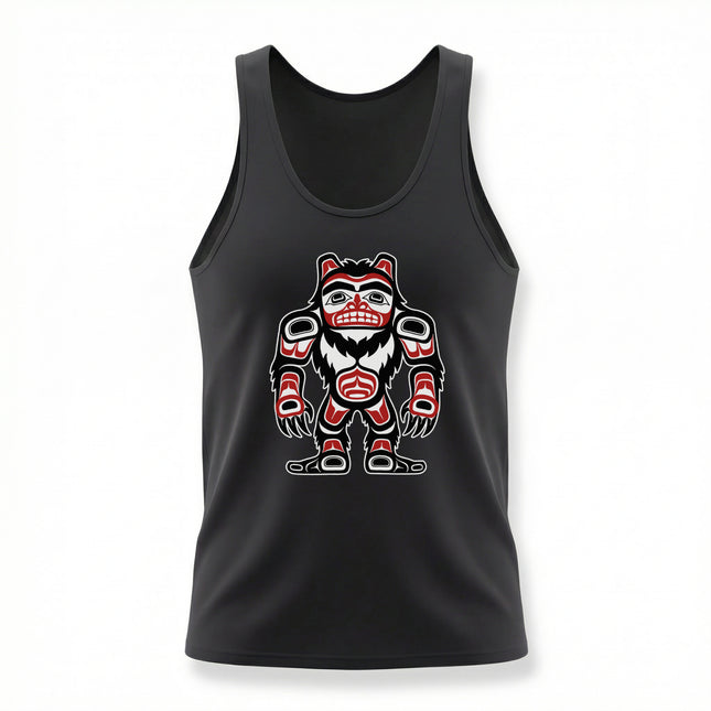 Formline art Sasquatch graphic in PNW style on a black tank top.