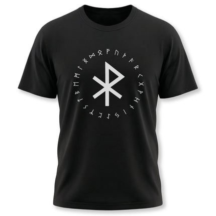 Viking rune t-shirt featuring the Peace Bind symbol and surrounding Elder Futhark runes.
