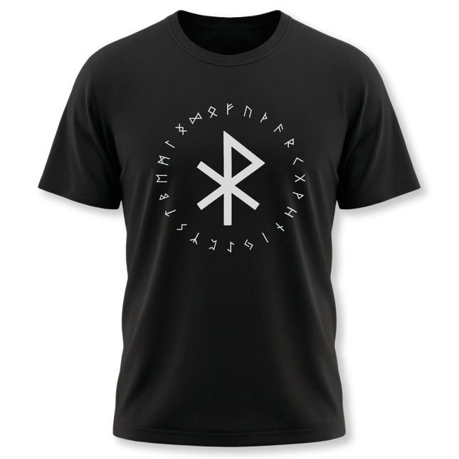 Viking rune t-shirt featuring the Peace Bind symbol and surrounding Elder Futhark runes.