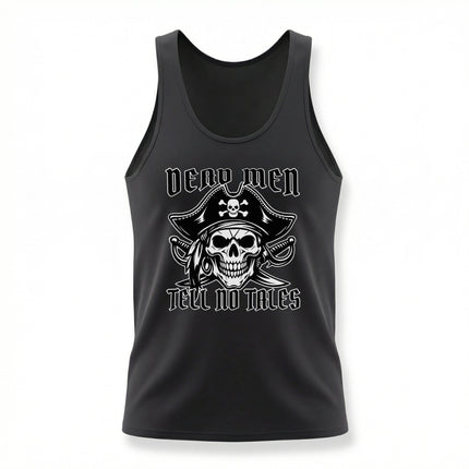 Dead Men Tell No Tales pirate skull graphic tank top featuring a buccaneer skull design.