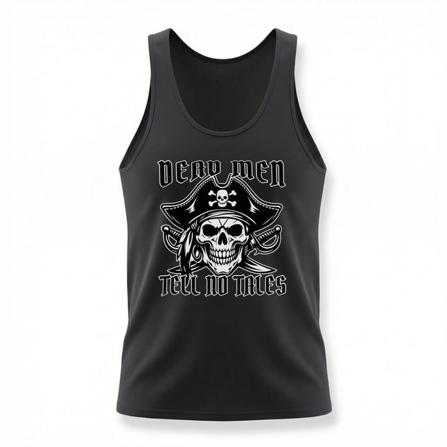 Dead Men Tell No Tales pirate skull graphic tank top featuring a buccaneer skull design.