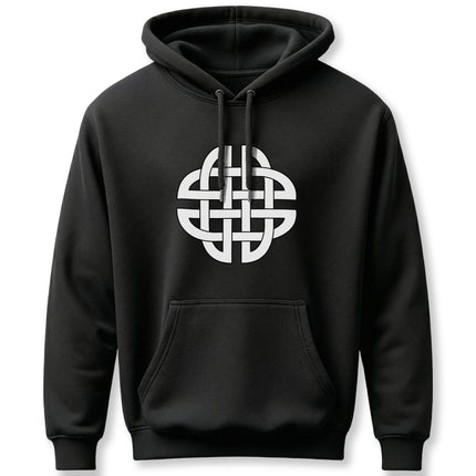 Black hoodie featuring a white Celtic knot shield graphic design.