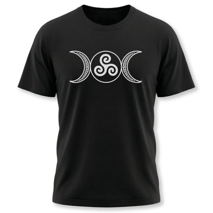 Triple Moon Goddess triskelion knotwork graphic tee featuring Celtic lunar symbols.