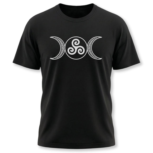 Triple Moon Goddess triskelion knotwork graphic tee featuring Celtic lunar symbols.