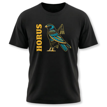 Horus falcon graphic tee featuring ancient Egyptian mythology art and the name Horus.