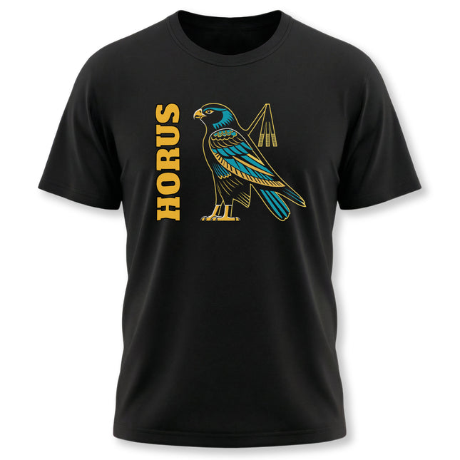 Horus falcon graphic tee featuring ancient Egyptian mythology art and the name Horus.