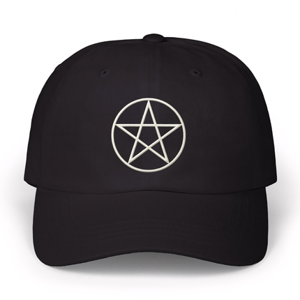 Black dad hat embroidered with a white pentagram symbol. Occult, magic, and witchcraft themed cap.