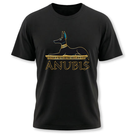 Anubis Egyptian god graphic on a black t-shirt featuring the jackal-headed deity.