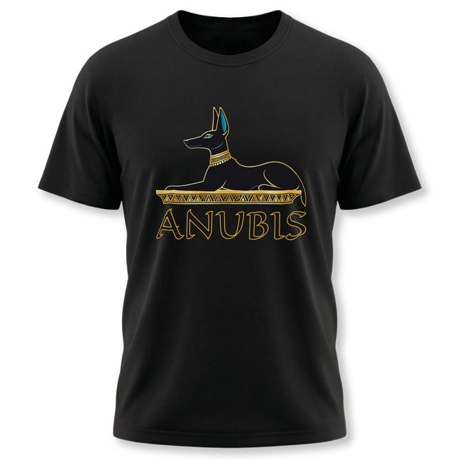 Anubis Egyptian god graphic on a black t-shirt featuring the jackal-headed deity.