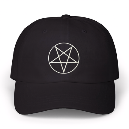 Black baseball cap with embroidered pentagram occult symbol.