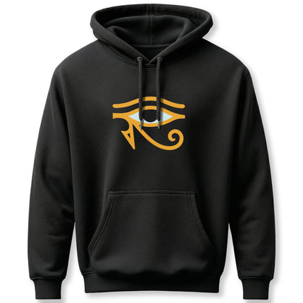 Eye of Horus symbol graphic on black hoodie. Ancient Egyptian protection and mythology design.