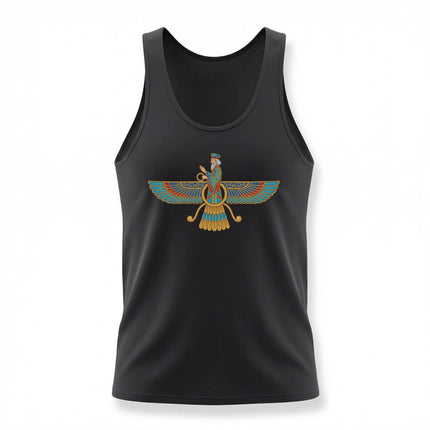 Colorful Faravahar symbol graphic on a black tank top, representing Zoroastrian Persian cultural heritage.
