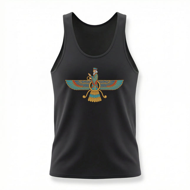 Colorful Faravahar symbol graphic on a black tank top, representing Zoroastrian Persian cultural heritage.