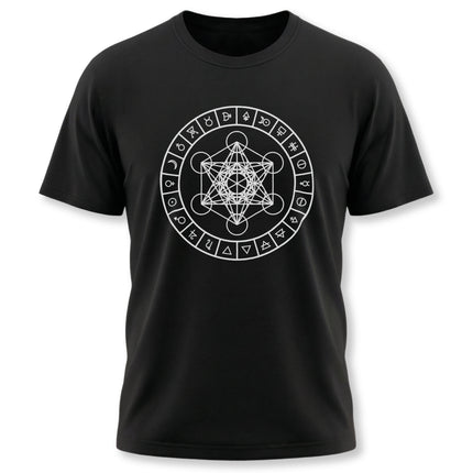 Metatron's Cube sacred geometry tee with celestial and alchemical symbols.
