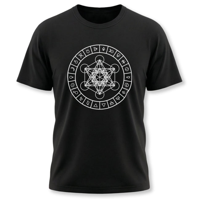 Metatron's Cube sacred geometry tee with celestial and alchemical symbols.