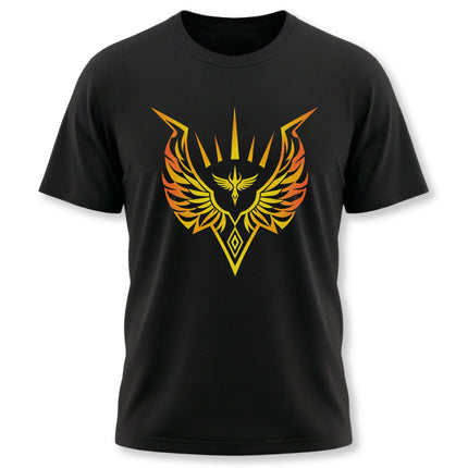 Fiery phoenix and valkyrie warrior emblem graphic tee on black shirt.