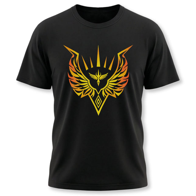 Fiery phoenix and valkyrie warrior emblem graphic tee on black shirt.