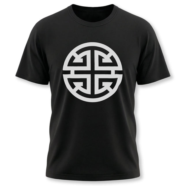 Black t-shirt featuring the white Chinese Lu symbol, representing prosperity and good fortune.