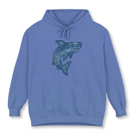 Geometric Mayan tribal shark design printed on a blue pullover hoodie.